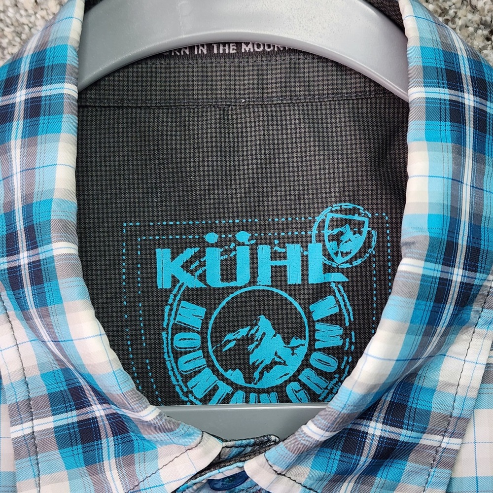 Kuhl Plaid Shirt Mens Large Blue Short Sleeve Snap Front Hiking Outdoor EUC - Picture 2 of 16